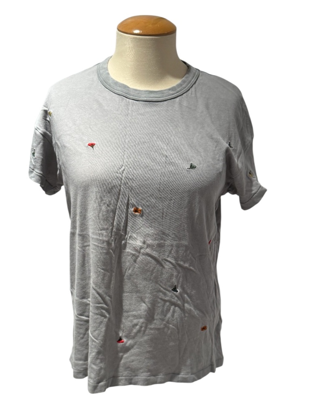 THE GREAT. Grey t-shirt with embroidered floral pattern - size 0 (xs)